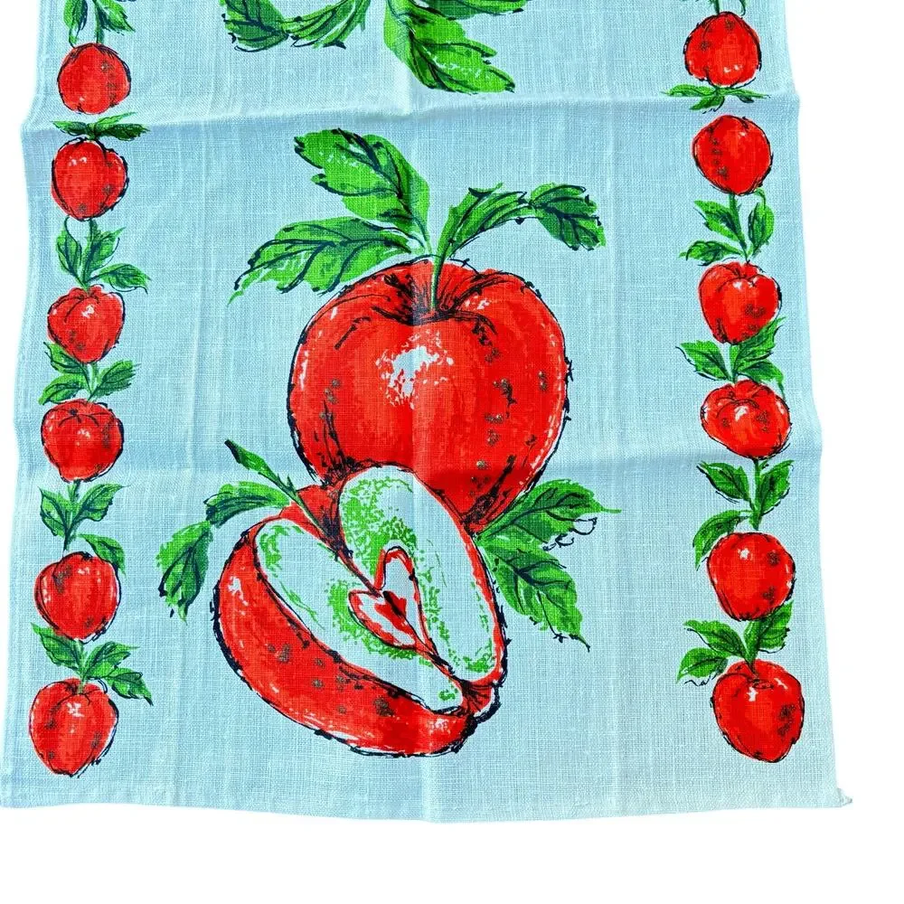 Vintage linen kitchen tea towel white & red apples motif cottage farmhouse decor